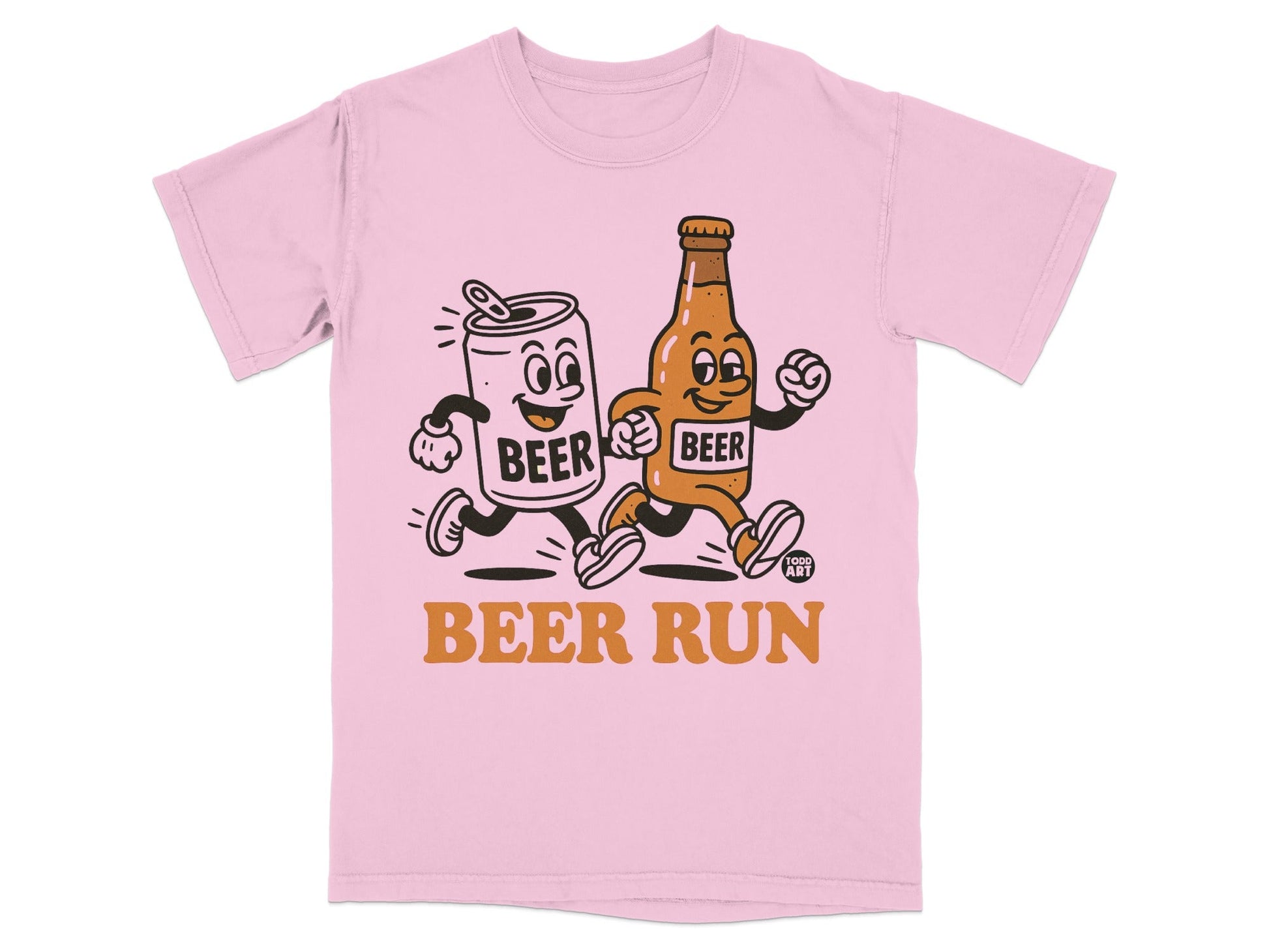 Beer Run Graphic Tee with Cartoon Can and Bottle Design