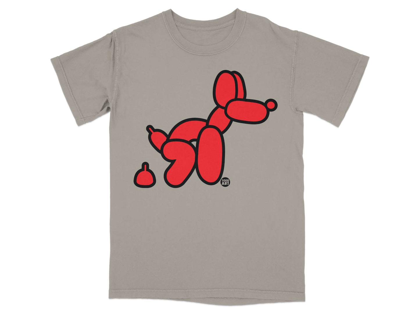 Grey t-shirt with a red balloon dog pooping.