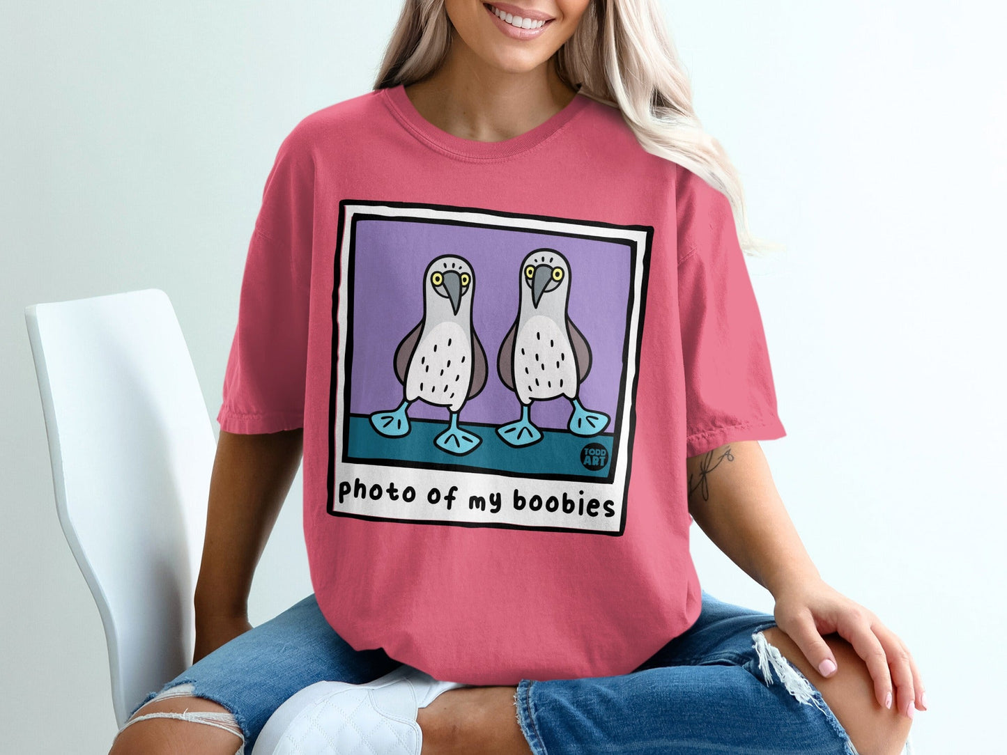 T-shirt with cartoon blue-footed boobies and text "photo of my boobies".