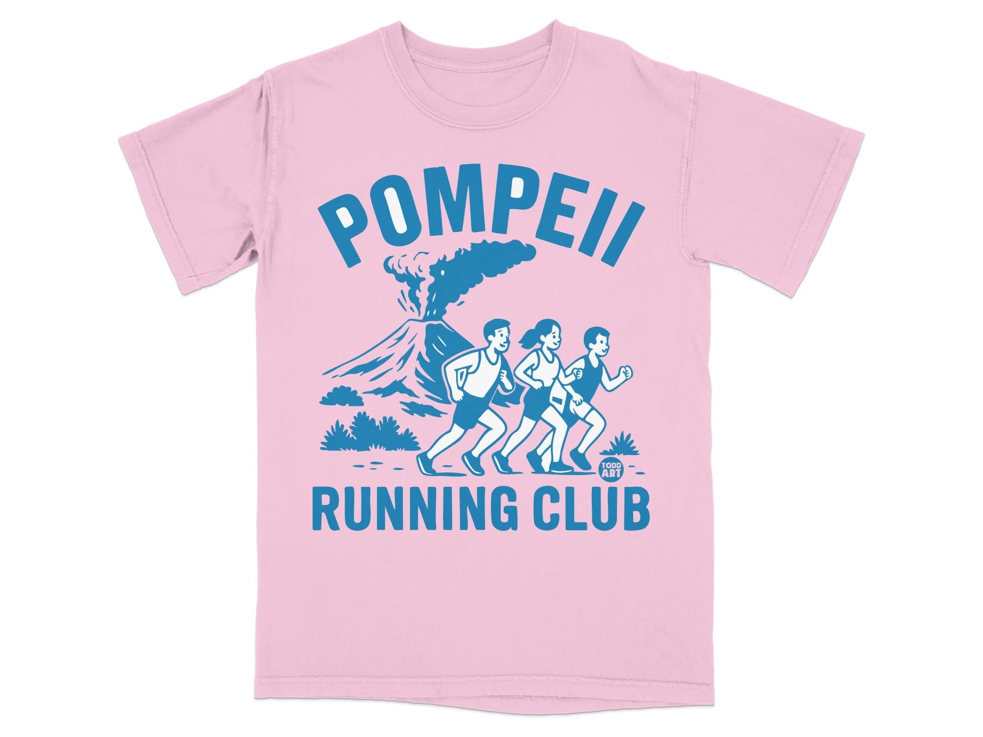 Pink t-shirt with "Pompeii Running Club" text and volcano graphic.