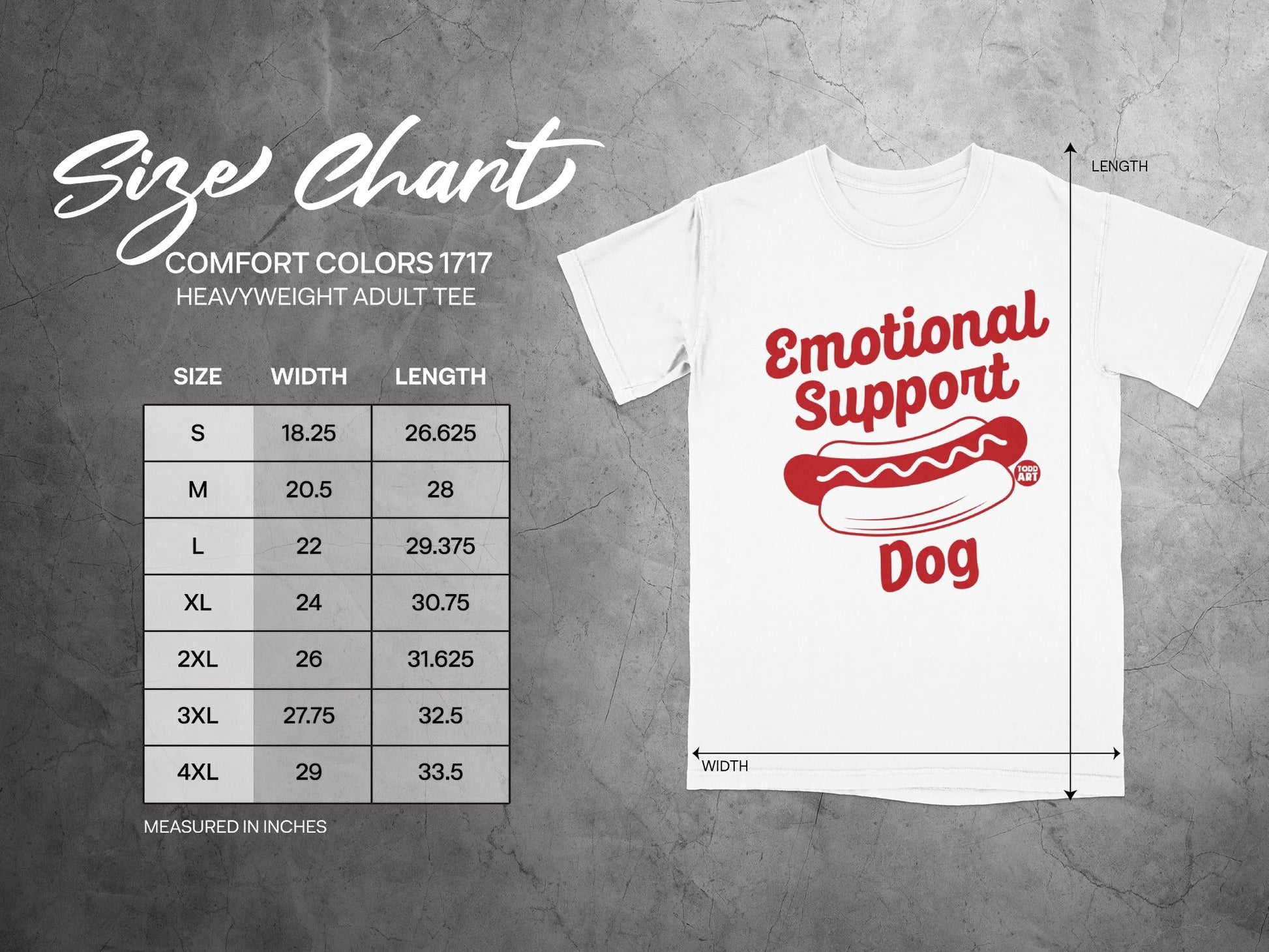 Comfort Colors 1717 adult tee size chart with Emotional Support Dog graphic.