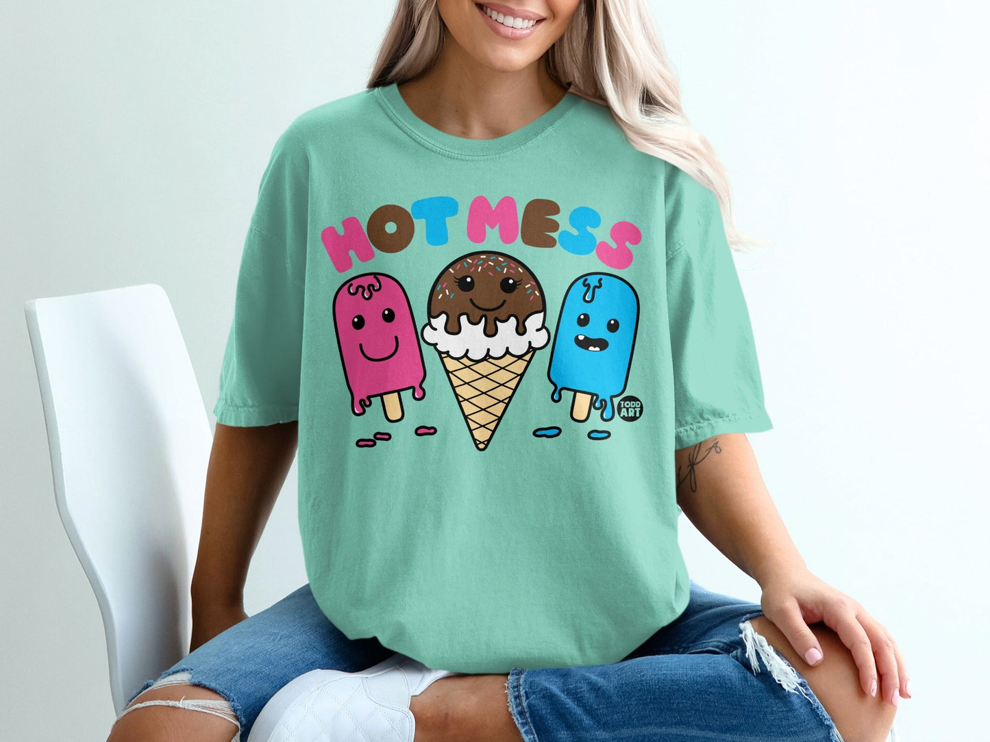 Hot Mess Ice Cream Pops Graphic Teal T-Shirt