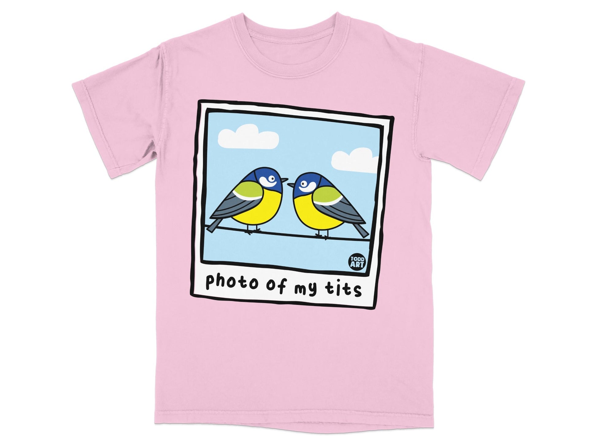 Pink t-shirt with a polaroid-style image of two blue tits on a wire.