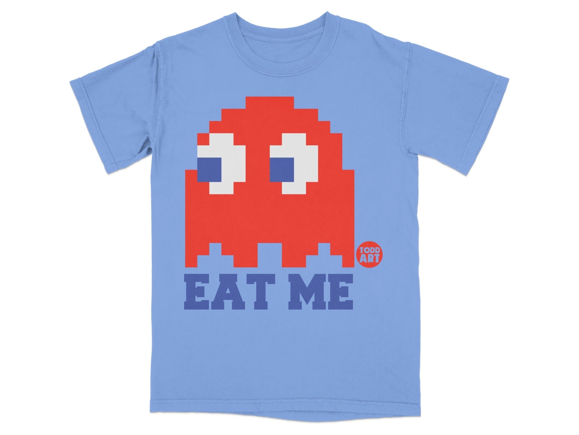 Blue t-shirt with Pac-Man ghost and "EAT ME" text.