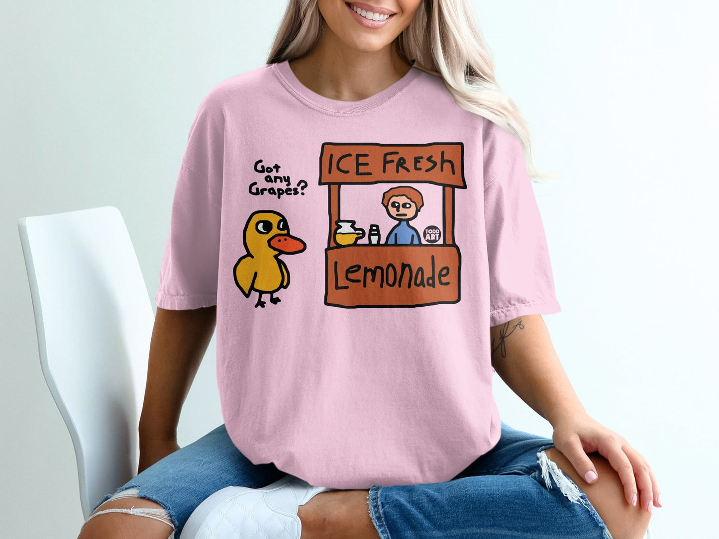 Cartoon duck asks "Got any Grapes?" at an "ICE FRESH Lemonade" stand.