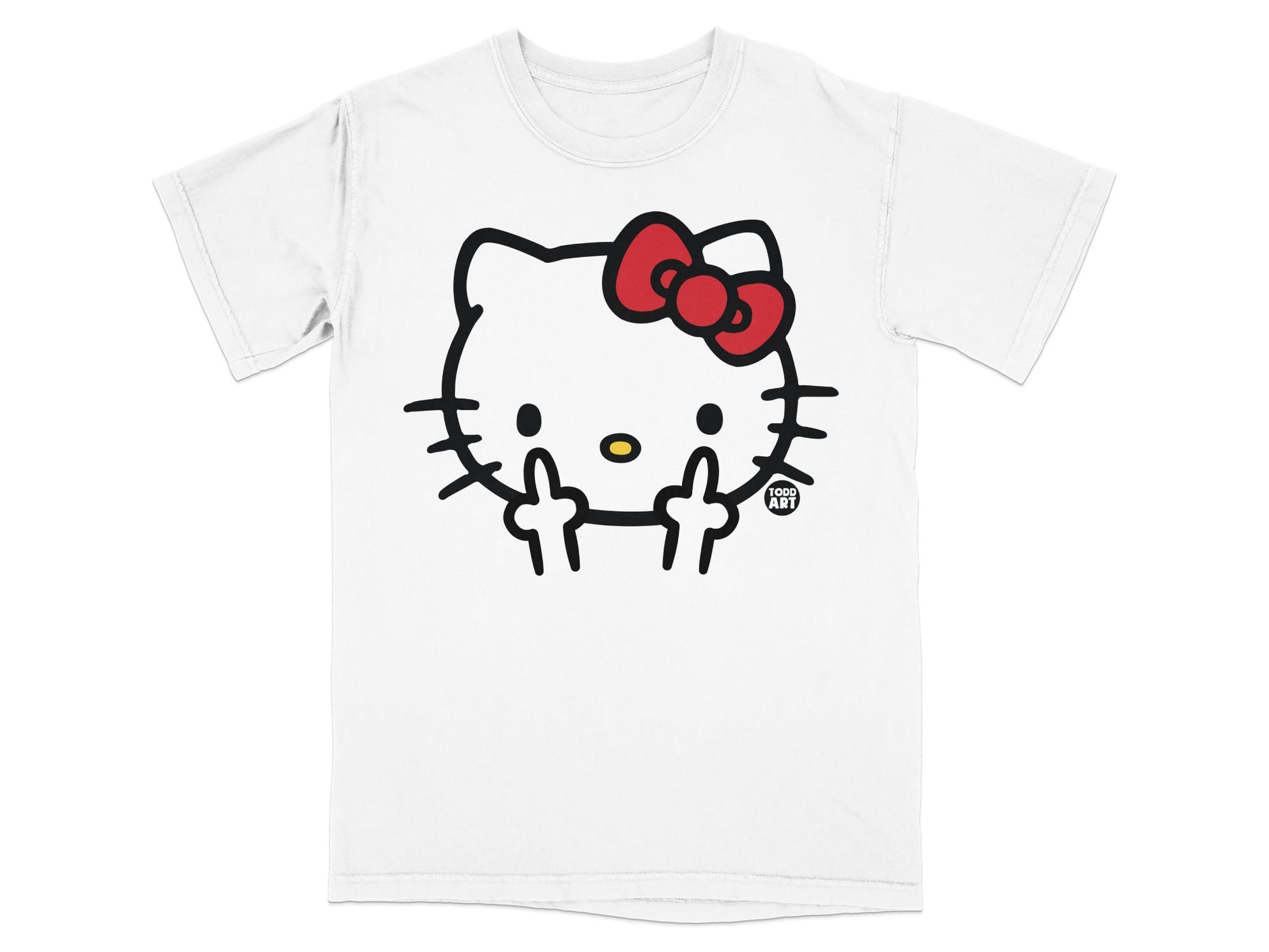White t-shirt with Hello Kitty giving middle fingers, "TODD ART" logo.