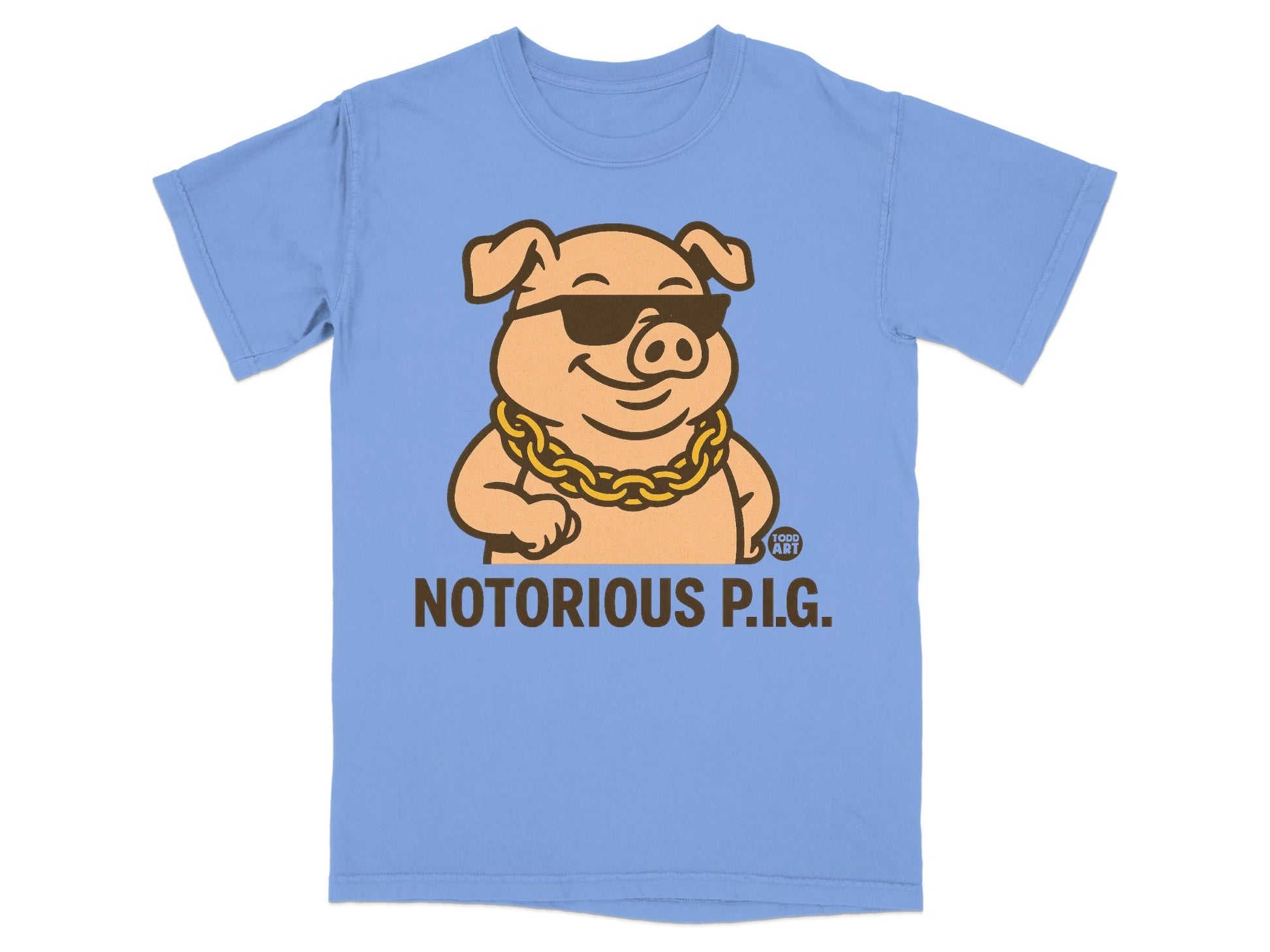 Blue t-shirt with cartoon pig wearing sunglasses and gold chain, text "NOTORIOUS P.I.G."