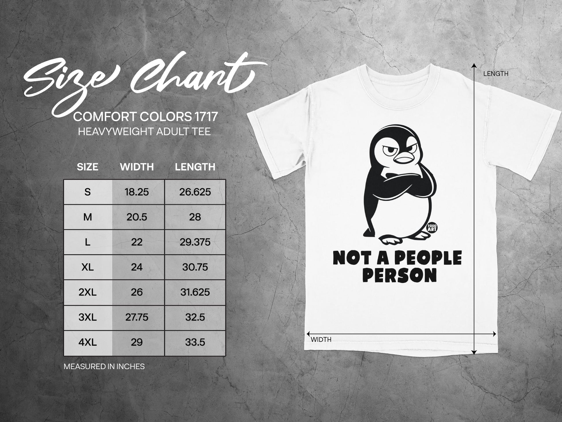 Size chart for a heavyweight adult t-shirt with penguin graphic reading "NOT A PEOPLE PERSON".