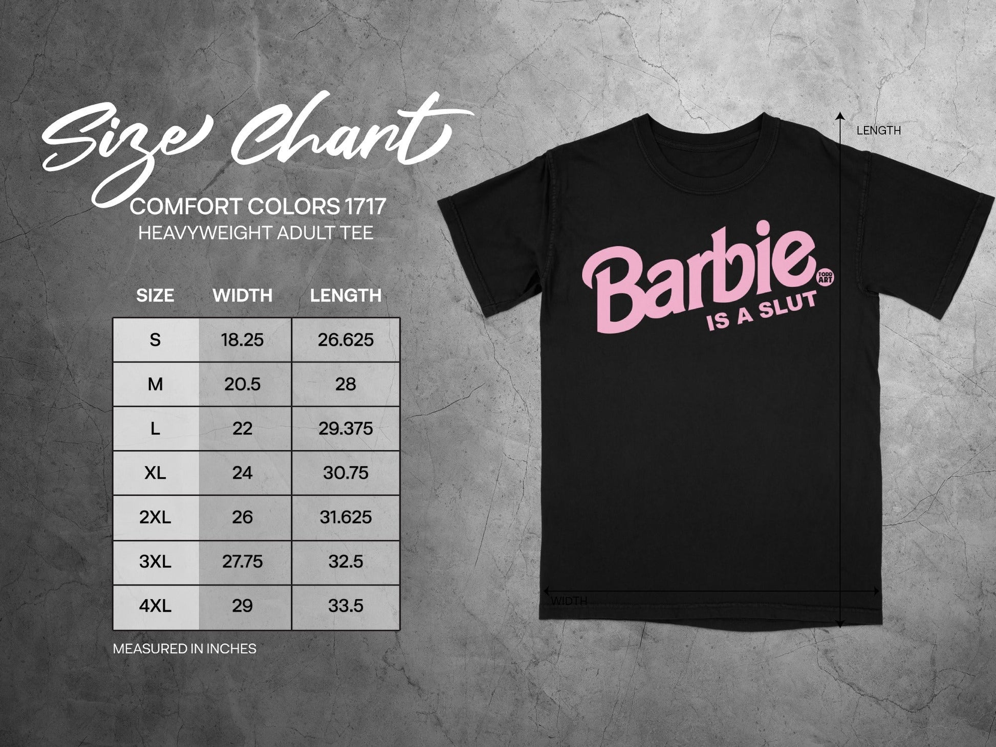 Size chart for a Barbie IS A SLUT heavyweight adult t-shirt.