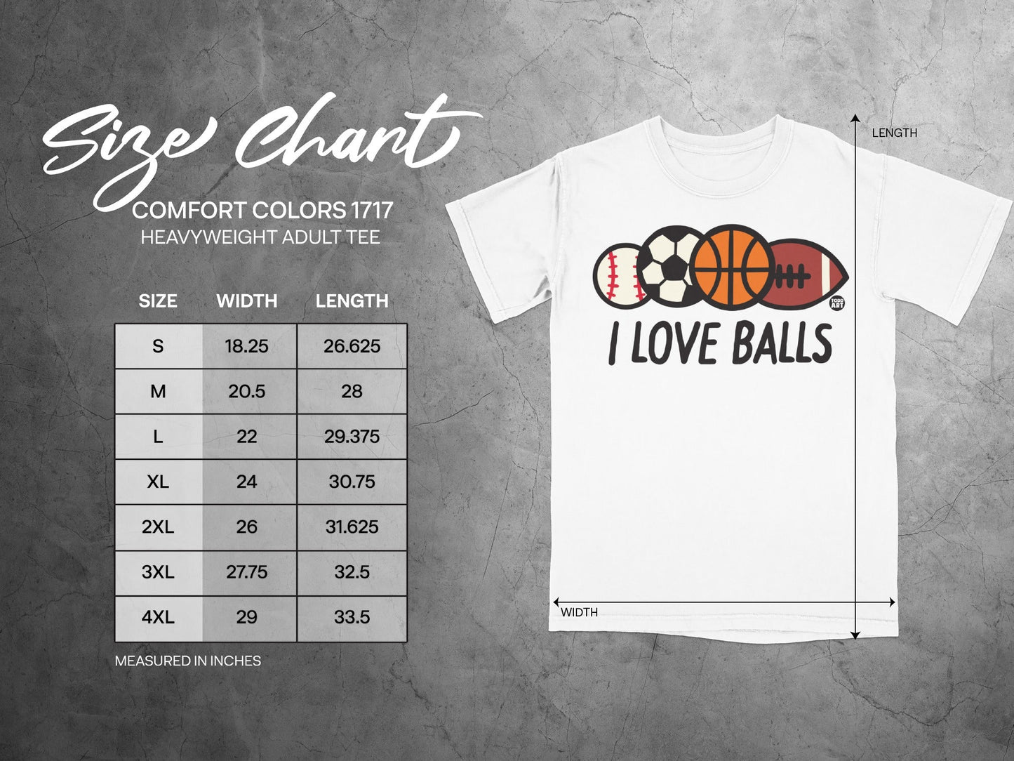 Size chart for Comfort Colors 1717 heavyweight adult tee with sports balls graphic.
