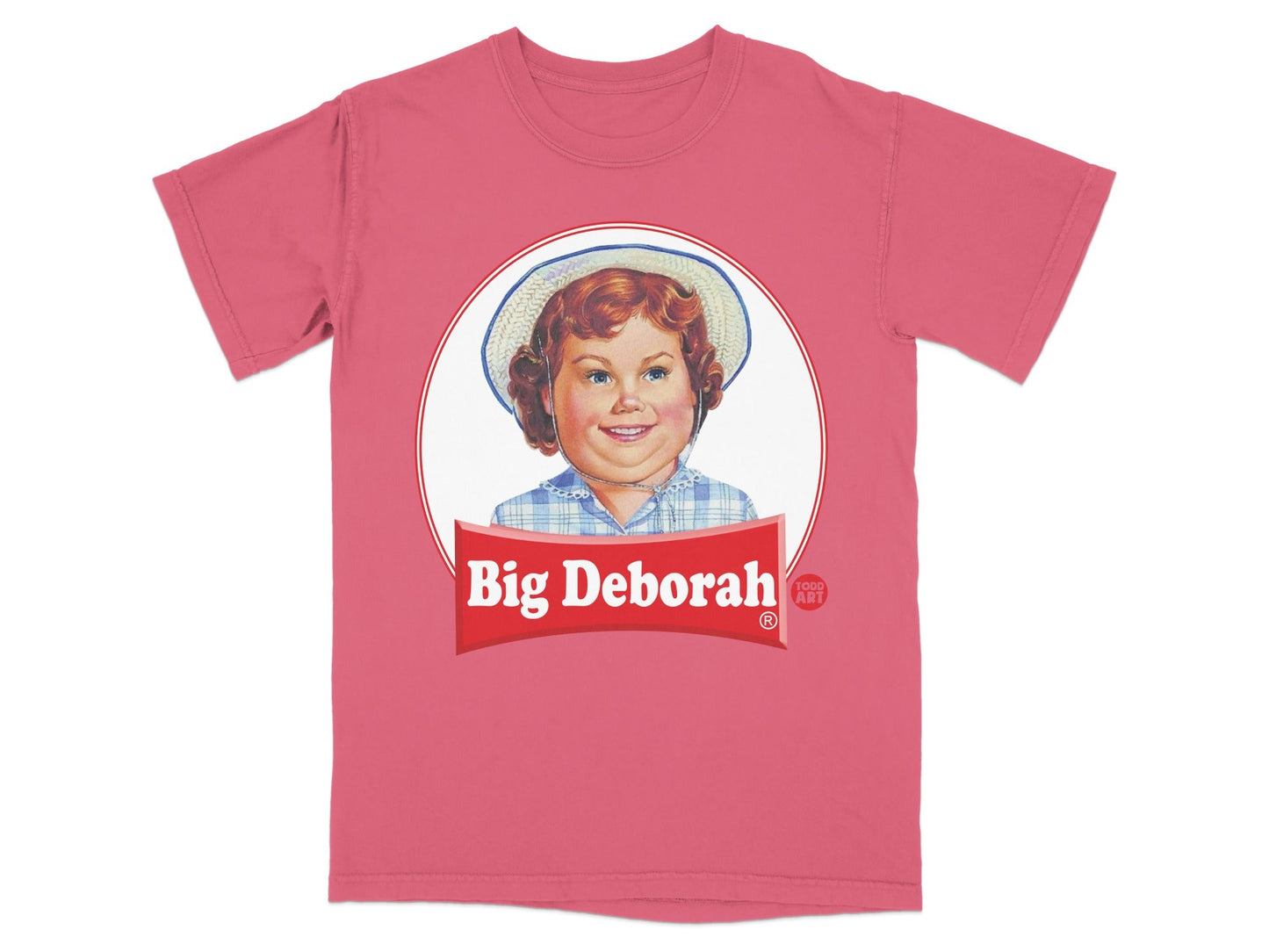 Pink t-shirt with "Big Deborah" logo featuring a young girl in a hat.