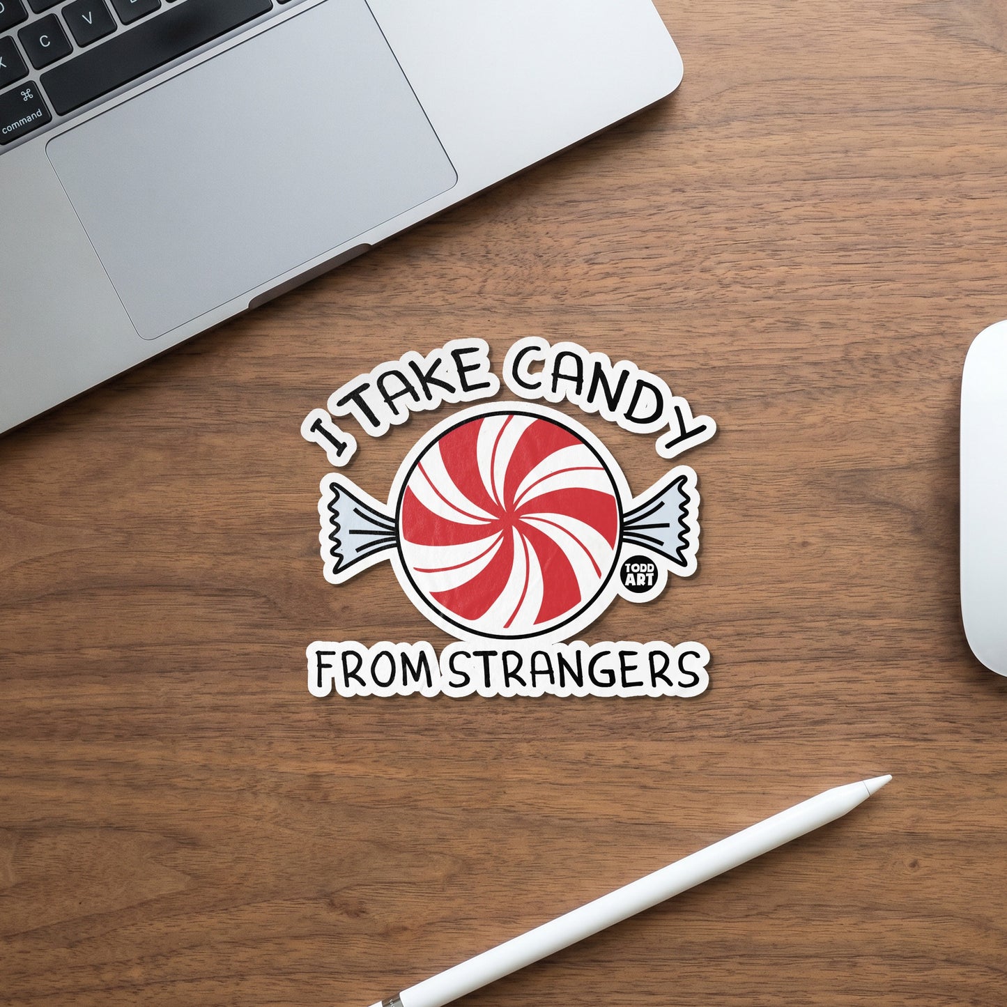 Sticker with red and white swirl candy, "I TAKE CANDY FROM STRANGERS" text.