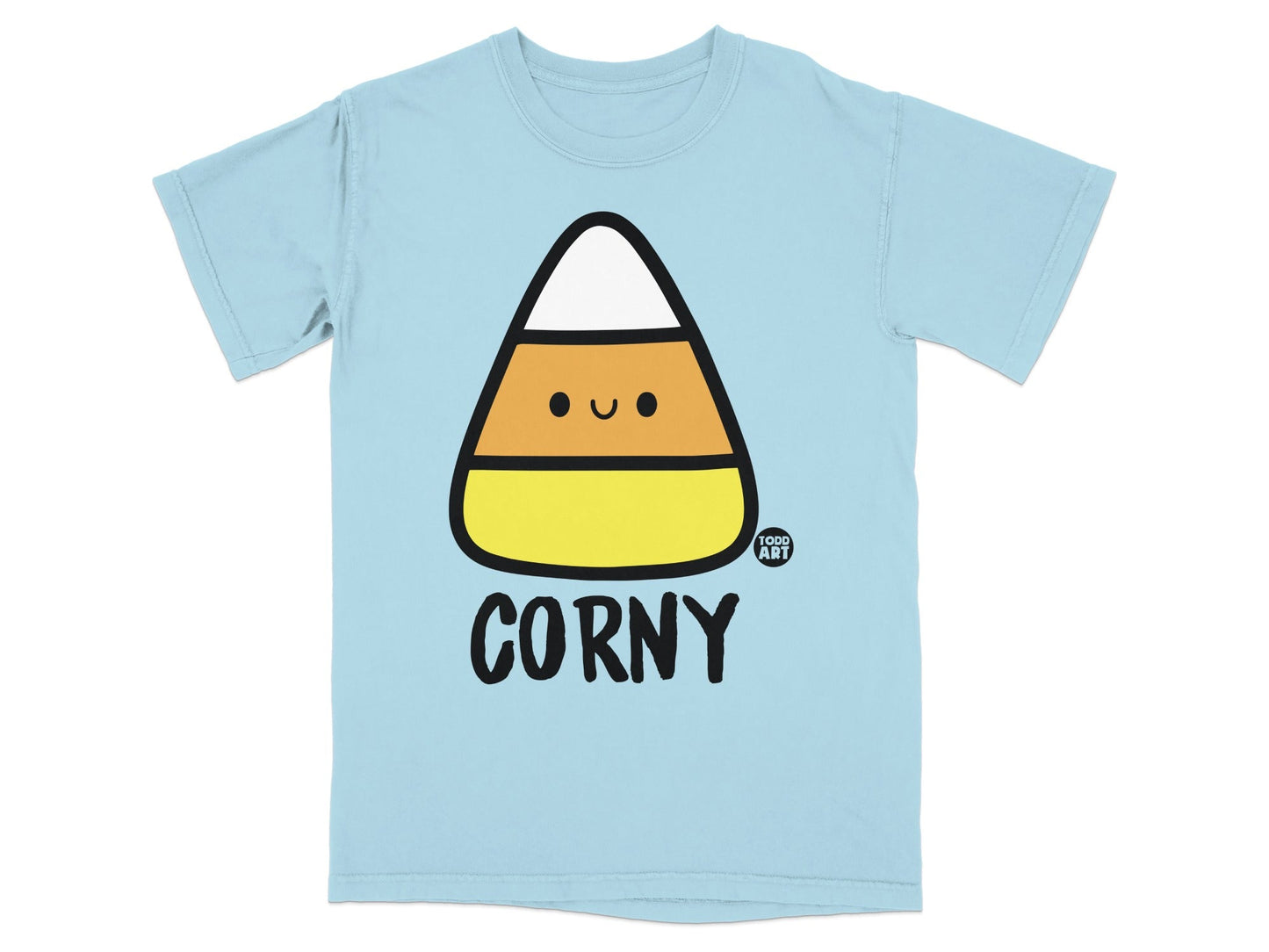 Cute Corny Candy Corn Graphic on Light Blue T-shirt