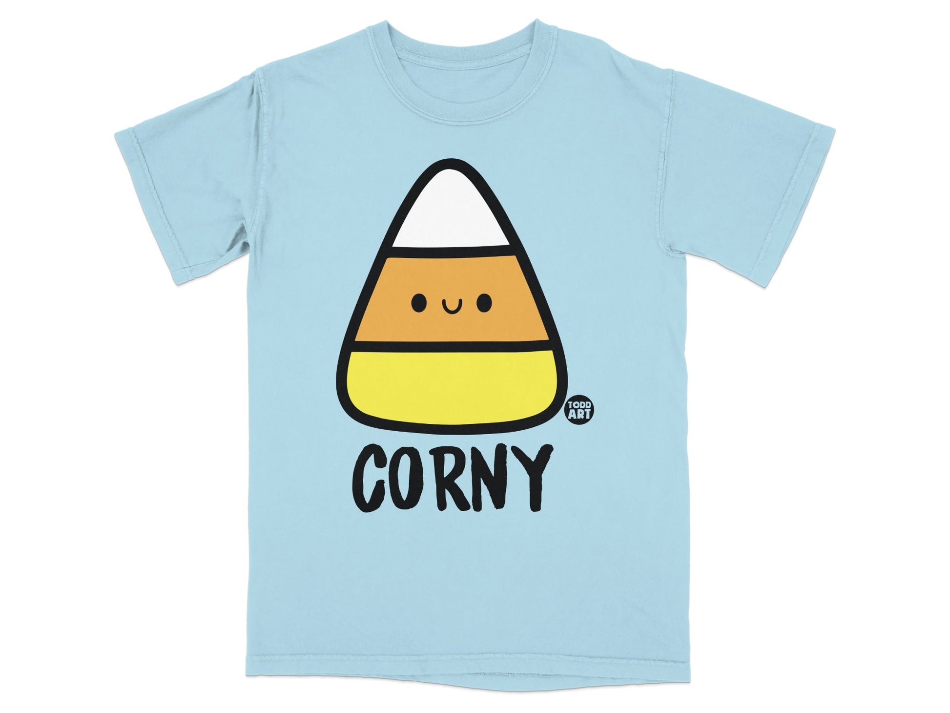 Cute Corny Candy Corn Graphic on Light Blue T-shirt