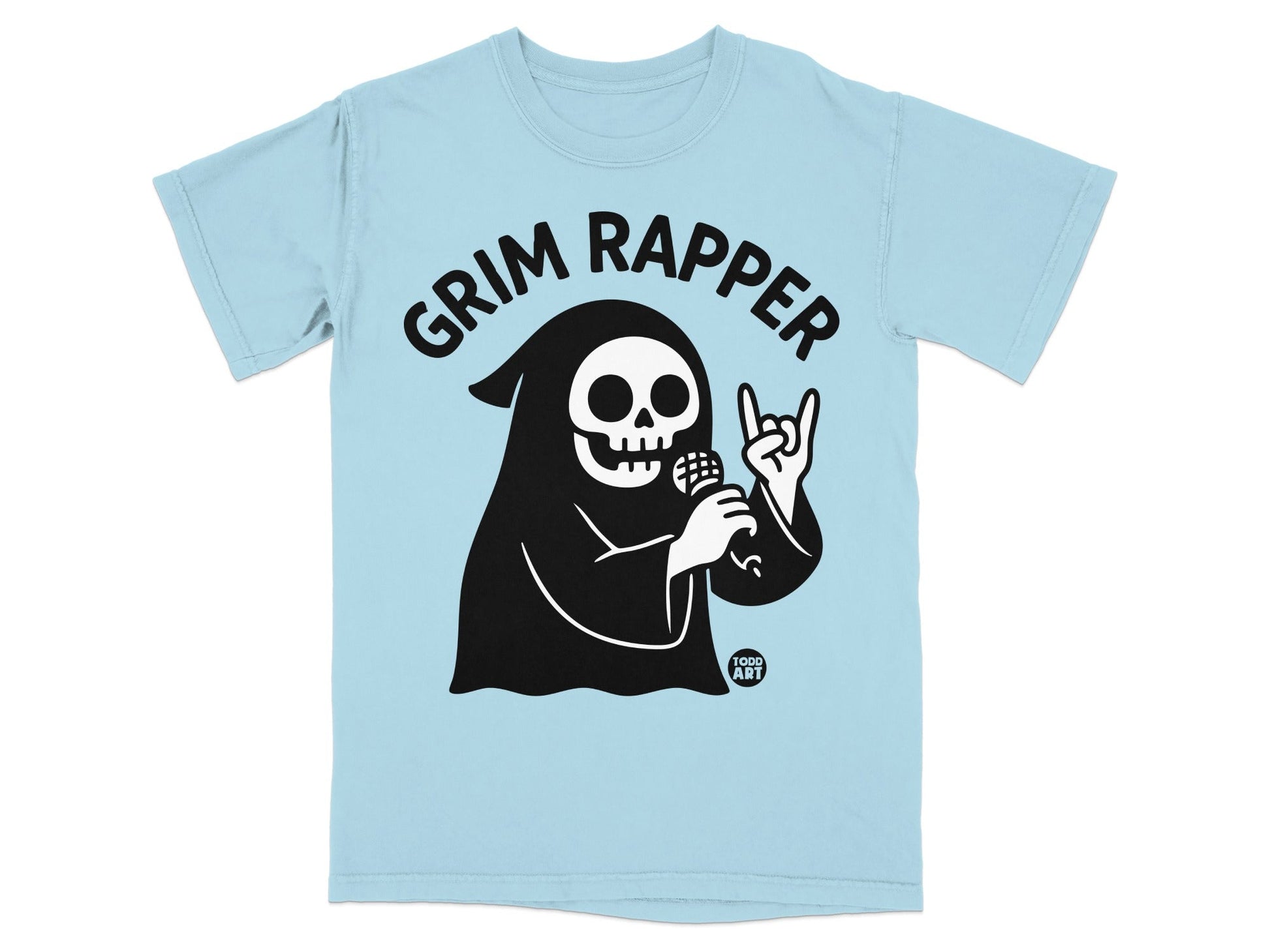 Light blue t-shirt featuring Grim Reaper holding microphone and doing rock sign.
