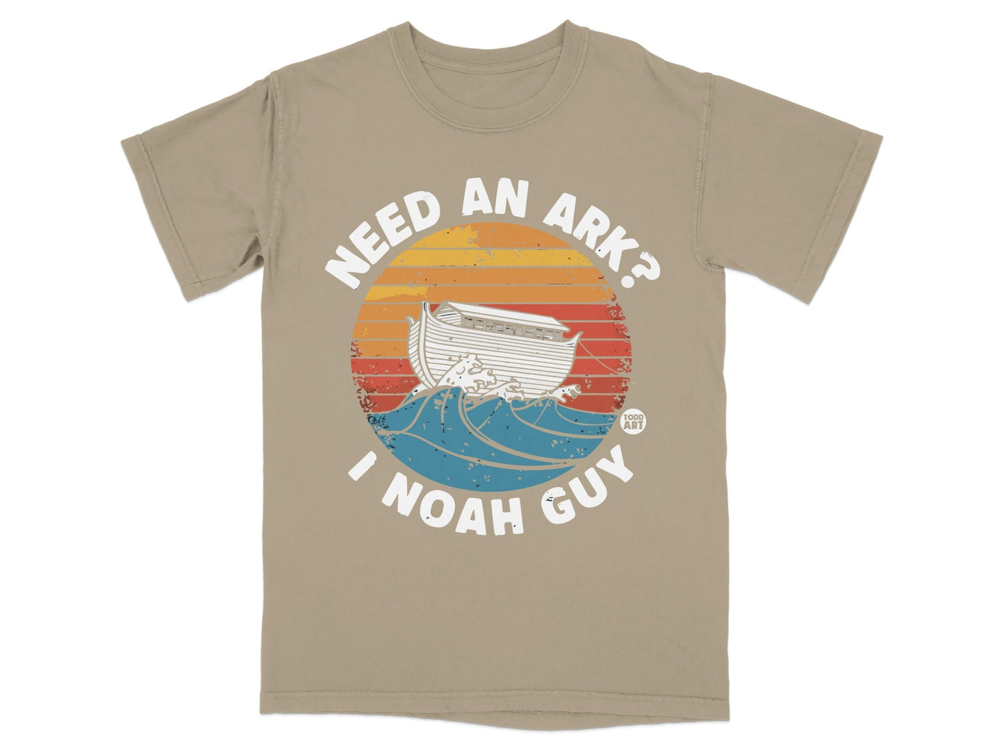 T-shirt with text "Need an Ark? I Noah Guy" and Noah's Ark graphic.