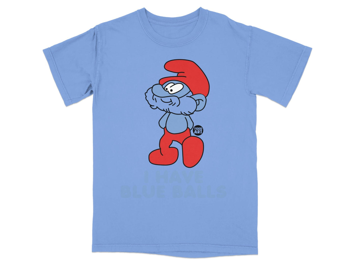 Blue t-shirt with cartoon Papa Smurf and "I HAVE BLUE BALLS" text.