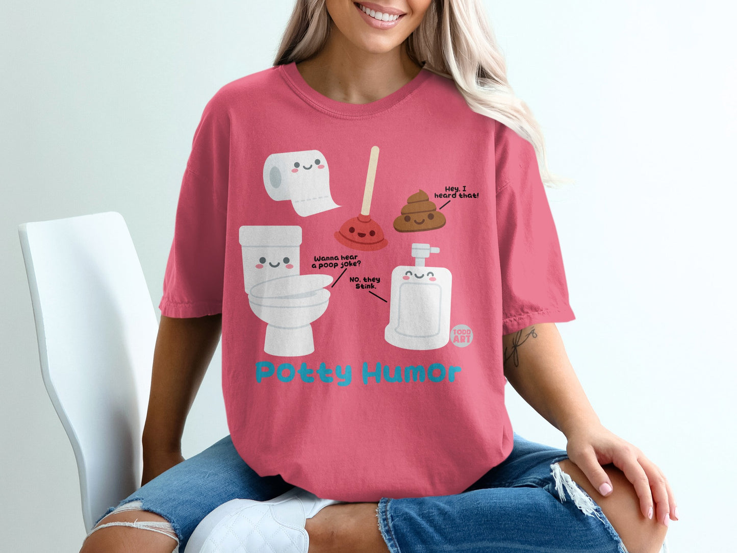 Toilet paper, toilet, and soap dispenser with cartoon faces, text "Potty Humor".
