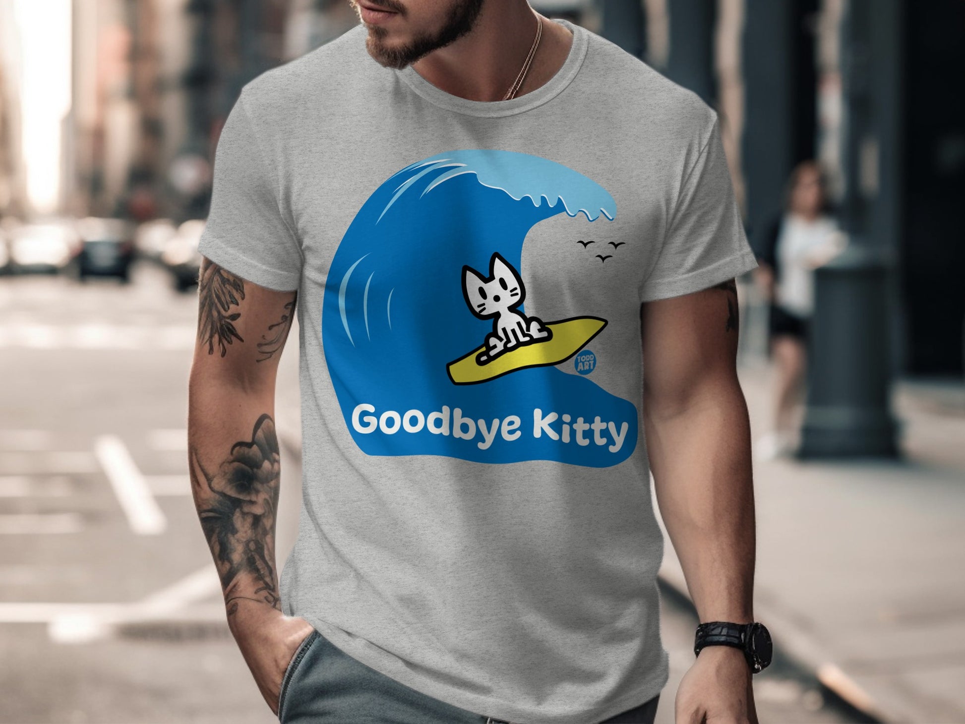 Goodbye Kitty Surfing T-Shirt Beach Wave Graphic Apparel