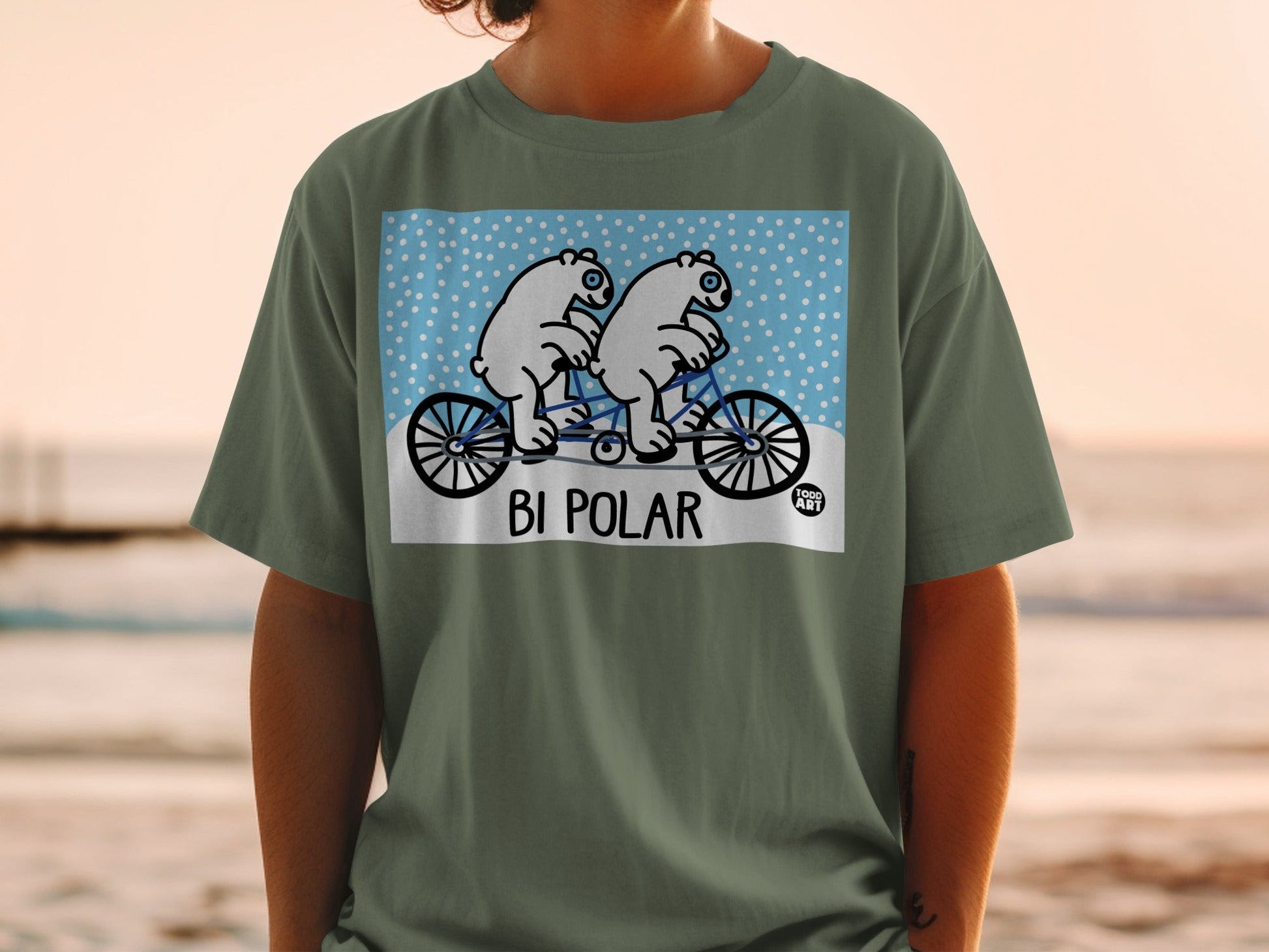 Funny Polar Bears Bicycle Print Bi Polar T-shirt