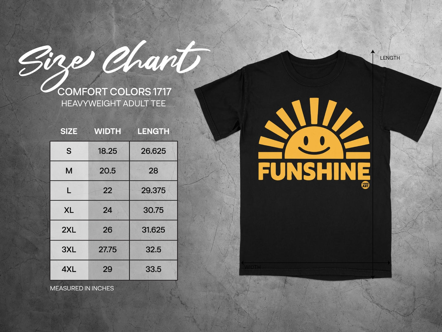Size chart for Comfort Colors 1717 heavyweight adult tee, showing sizes S-4XL.