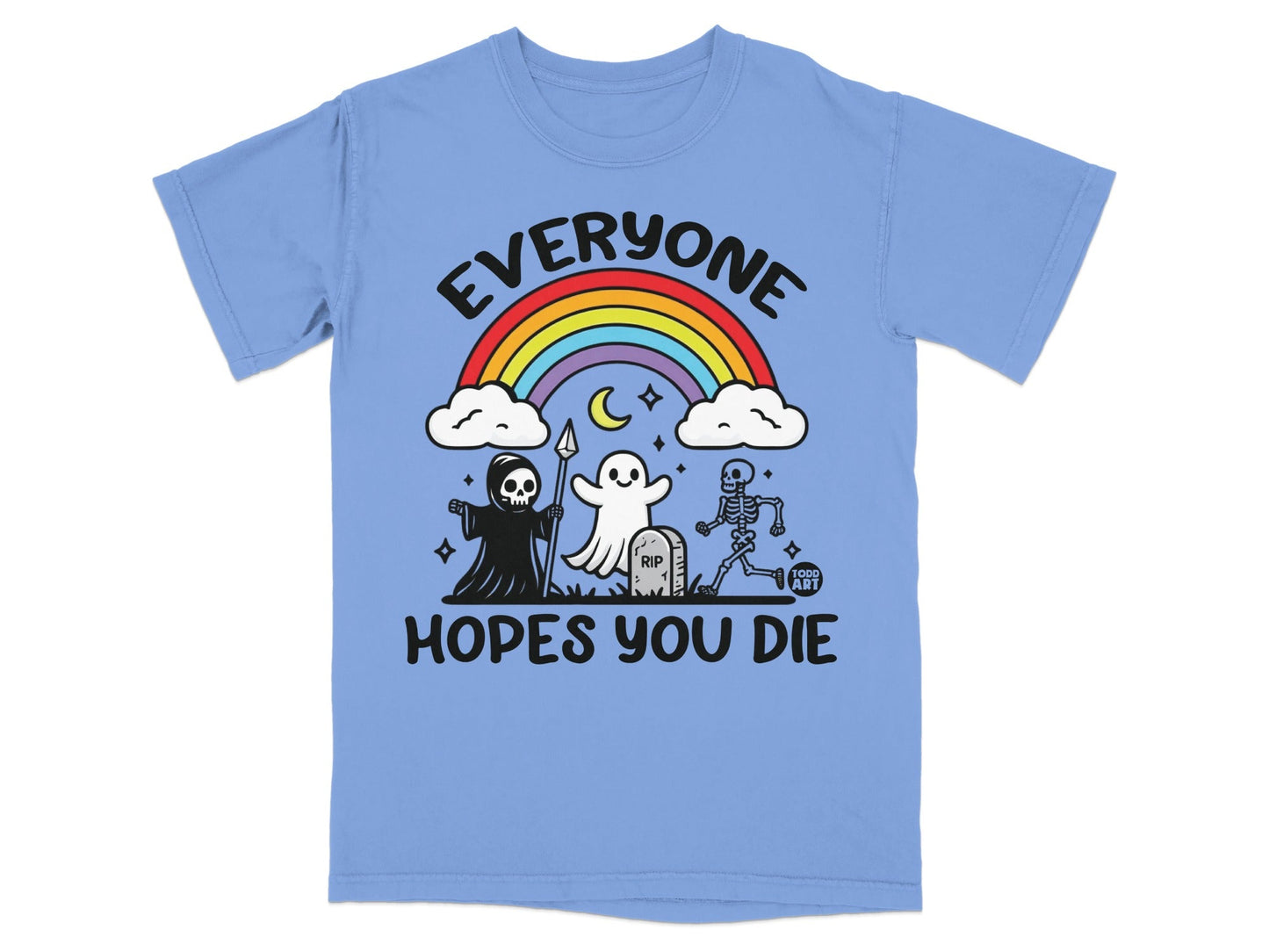 Blue t-shirt with rainbow, clouds, grim reaper, ghost, skeleton, and tombstone.