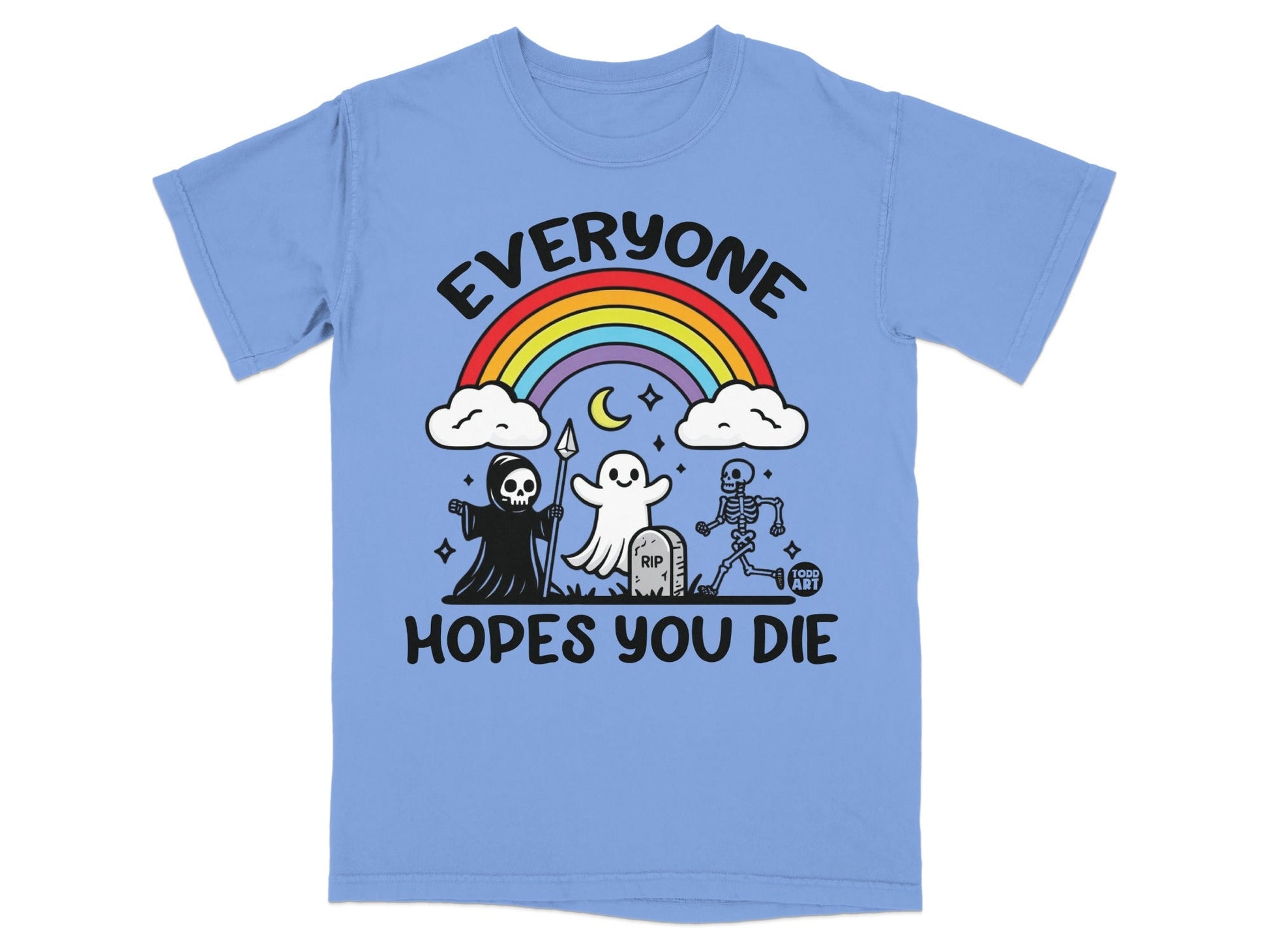 Blue t-shirt with rainbow, clouds, grim reaper, ghost, skeleton, and tombstone.