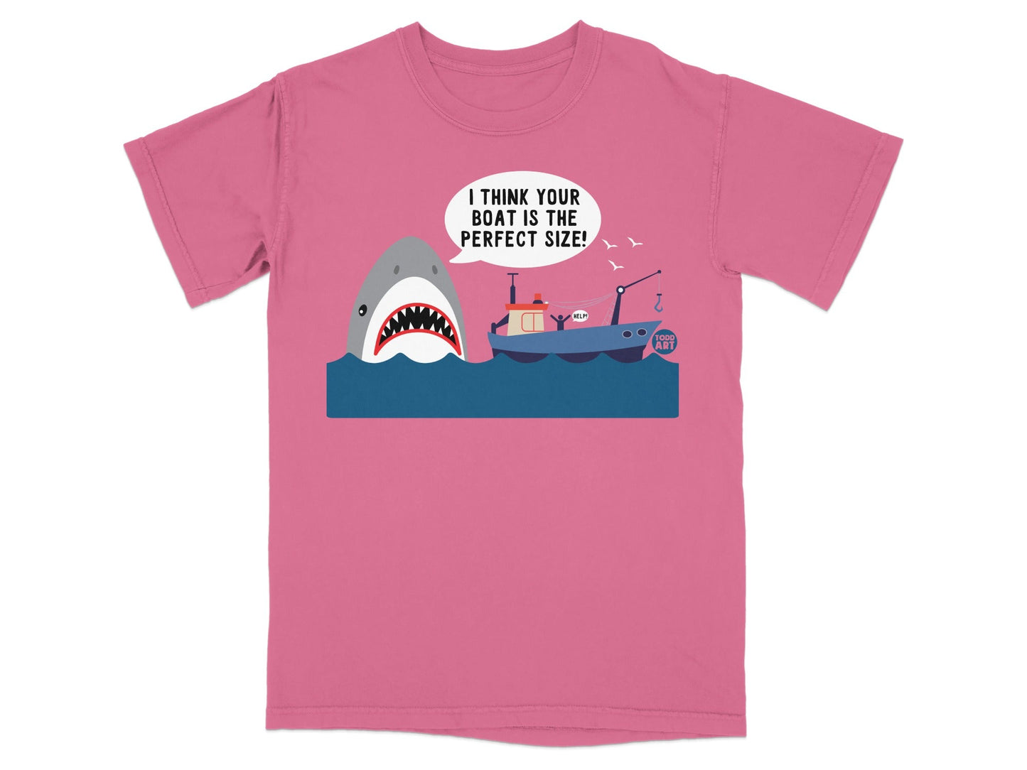 Cartoon shark approaching a small boat with a speech bubble saying "I think your boat is the perfect size!".
