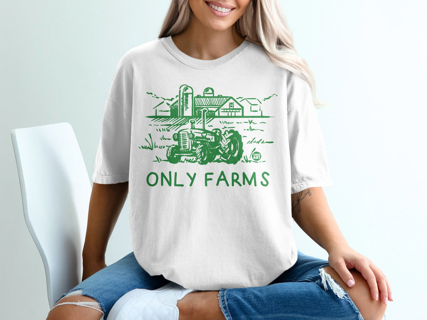White ONLY FARMS Green Tractor Farm Scene Sweatshirt product type