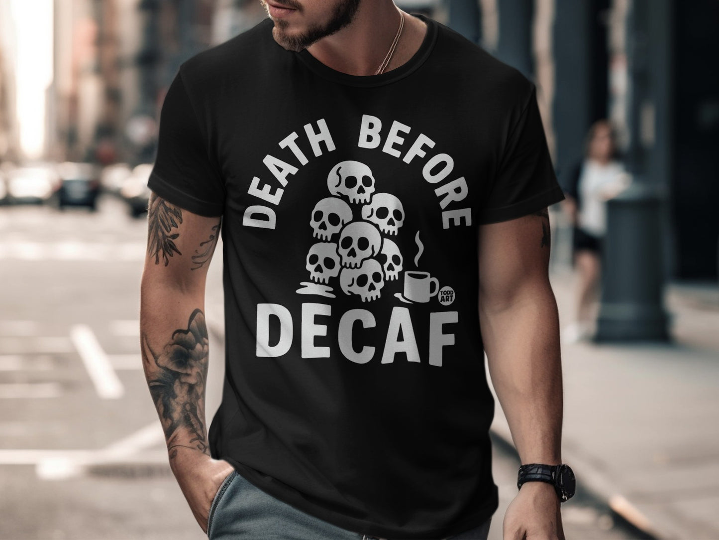 Death Before Decaf Skull and Coffee Graphic T-Shirt