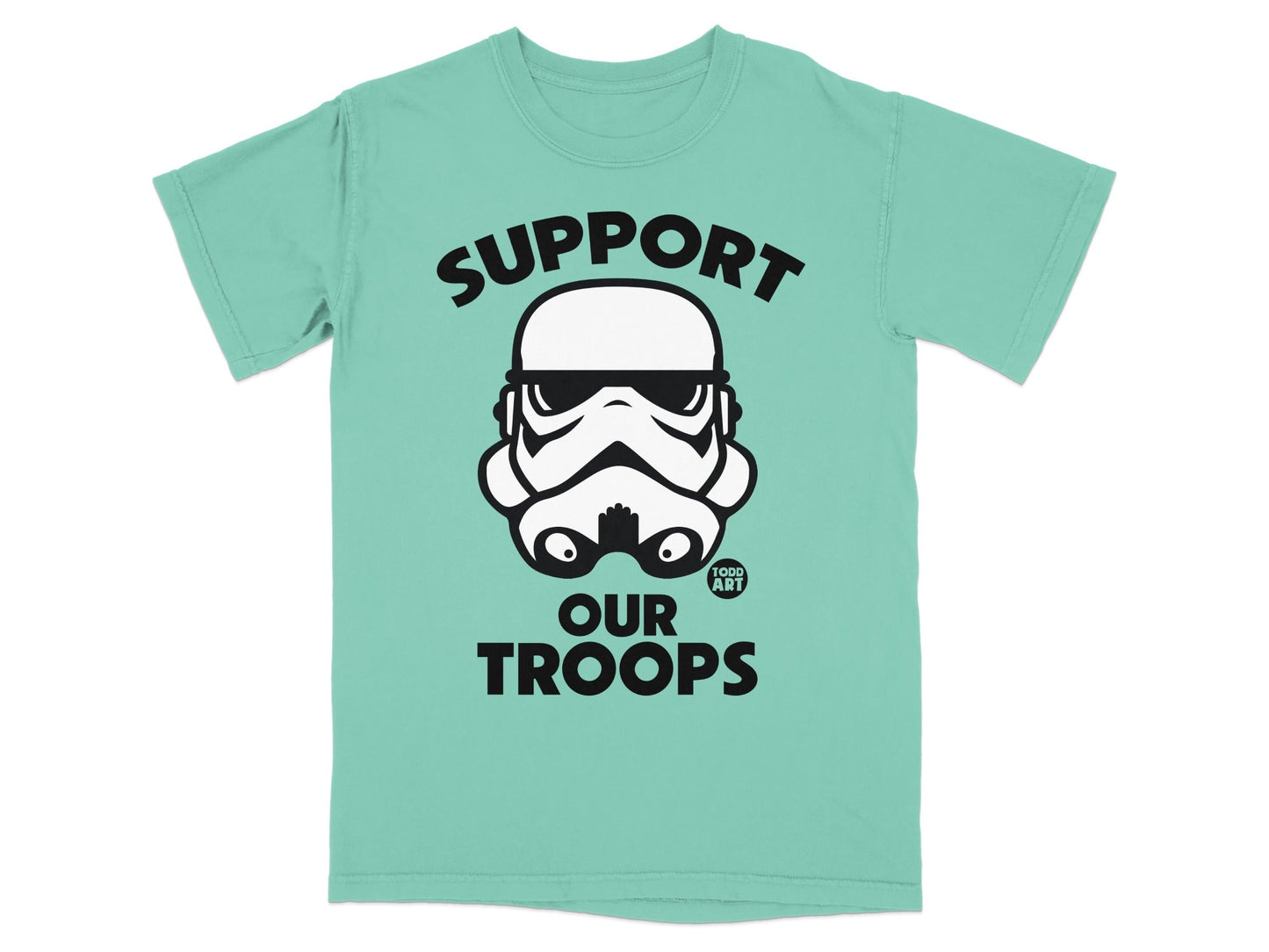 Green t-shirt with black Stormtrooper helmet and "Support Our Troops" text.