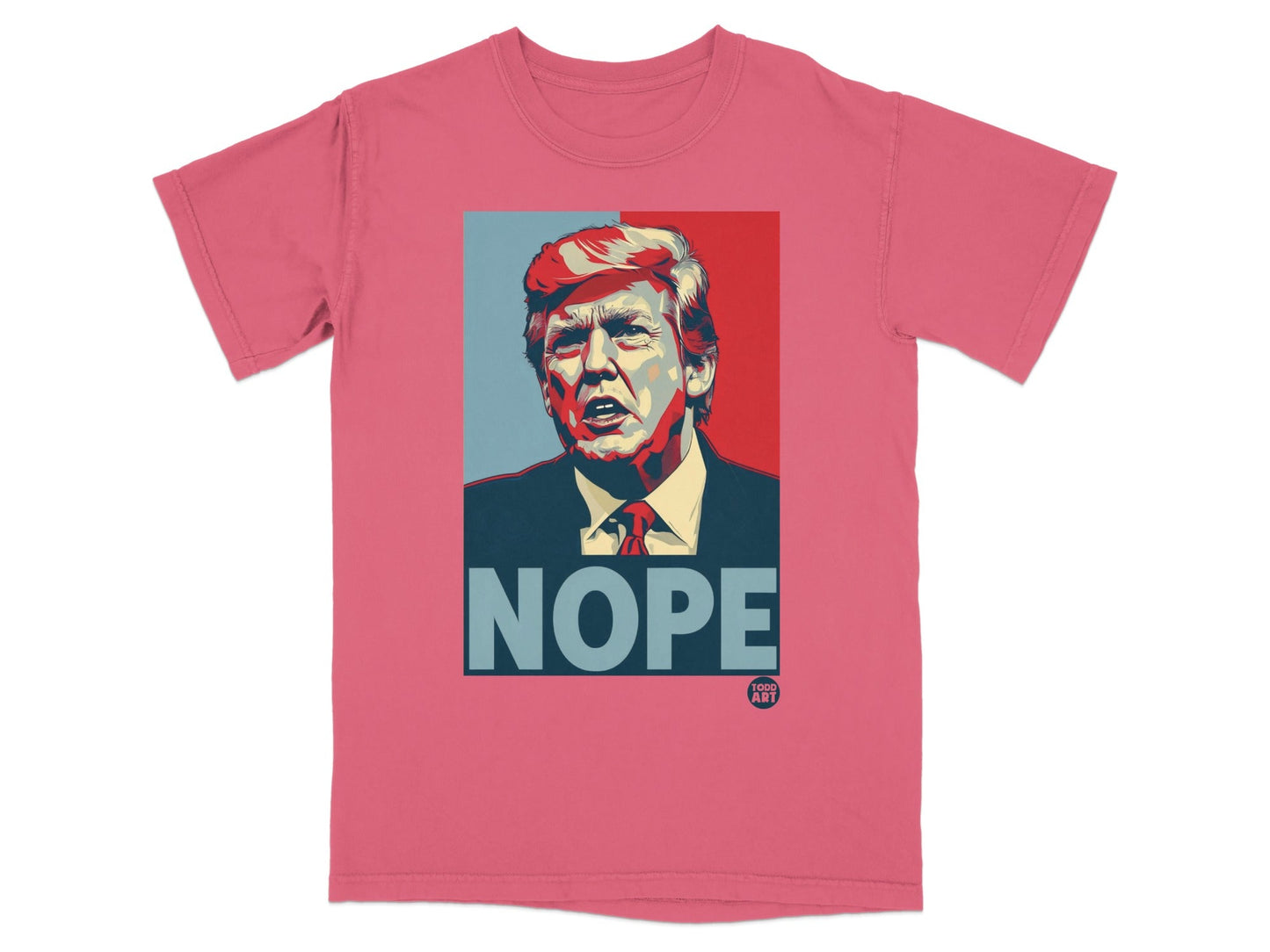 T-shirt featuring Donald Trump portrait with "NOPE" and "TOCO ART" text.
