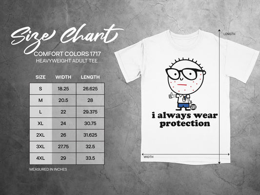 Comfort Colors 1717 heavyweight tee size chart and t-shirt with cartoon.