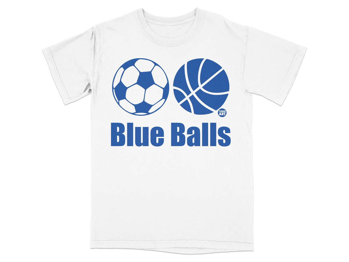 White t-shirt with blue soccer ball and basketball design, text "Blue Balls".