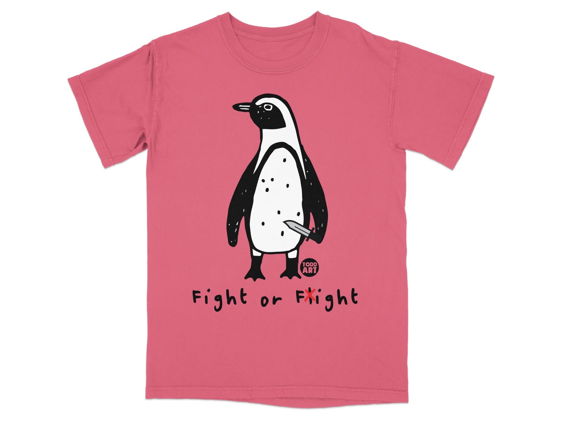 T-shirt with a penguin holding a knife, text "Fight or Flight".