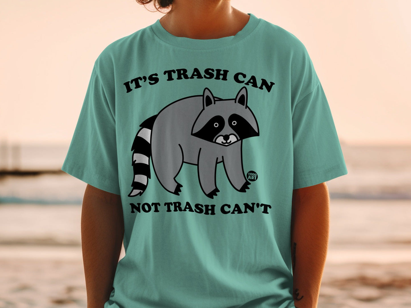 Raccoon graphic on teal t-shirt with text "IT'S TRASH CAN NOT TRASH CAN'T".