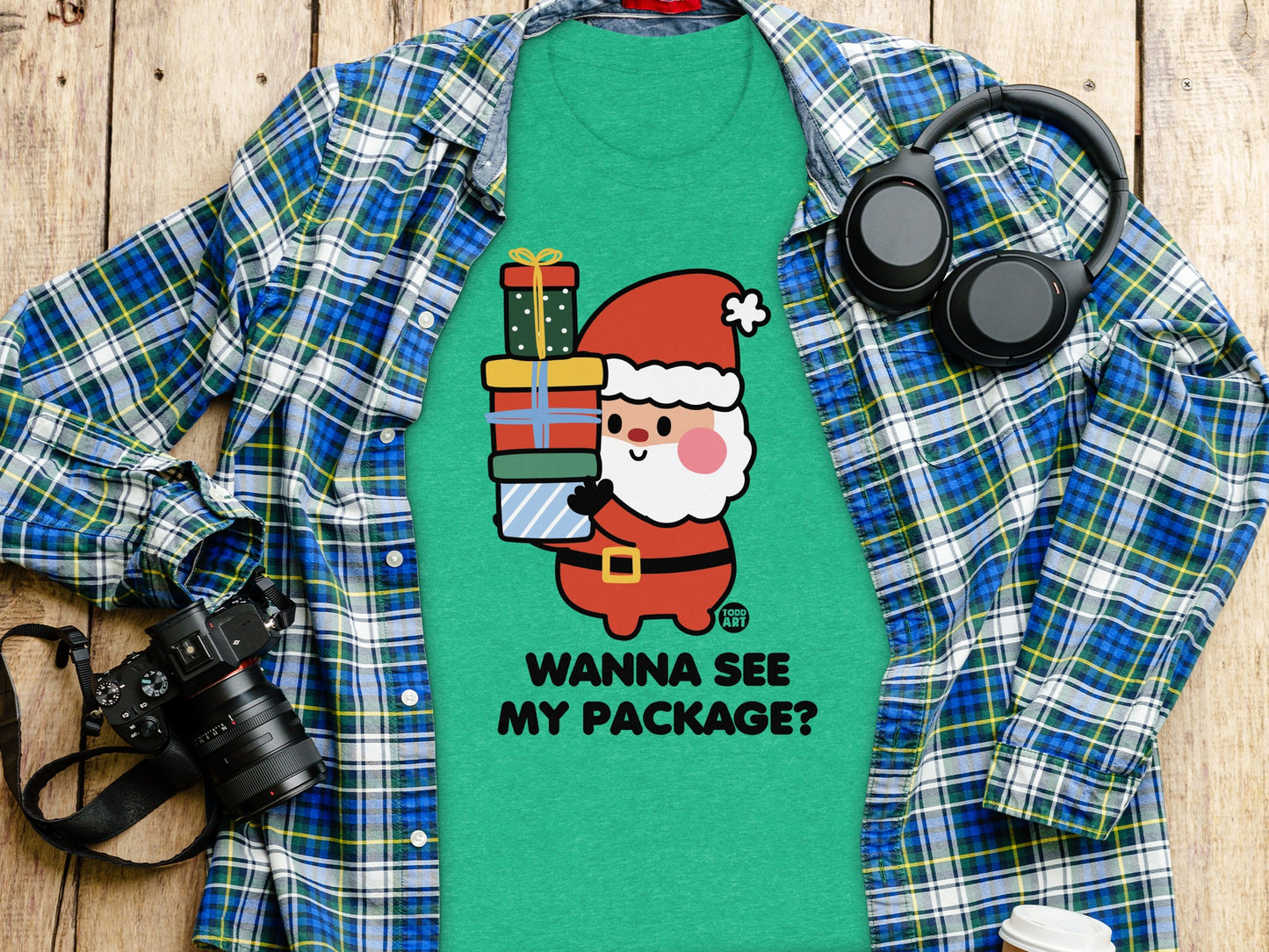 Funny Santa T-shirt with Gift Boxes Graphic Design