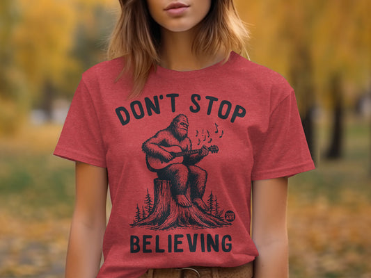 Don't Stop Believing Bigfoot Playing Guitar T-Shirt