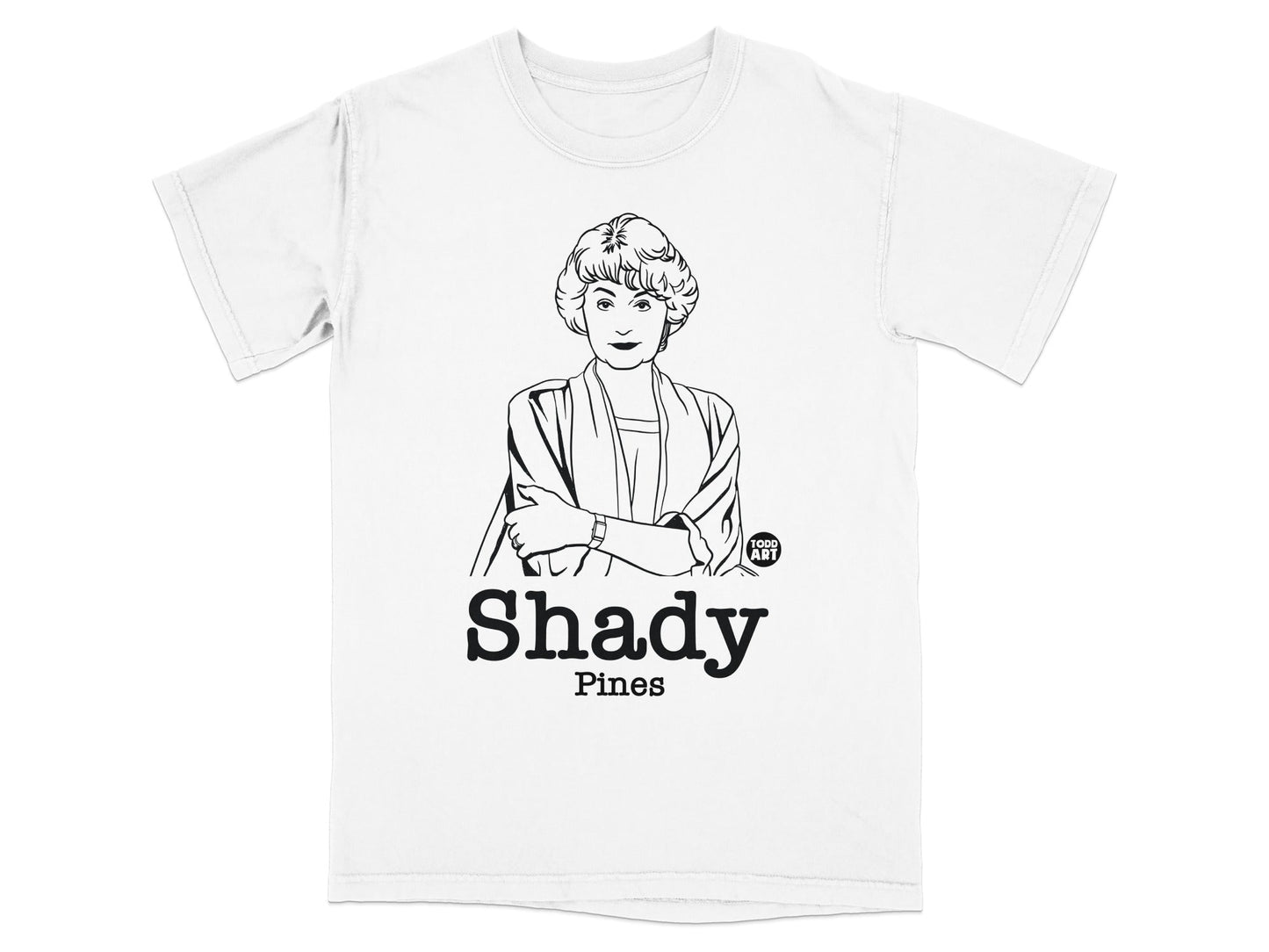 White t-shirt with line drawing of a woman and "Shady Pines" text.