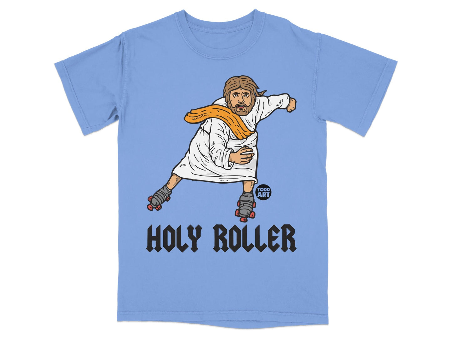 Blue t-shirt with cartoon of Jesus on roller skates, "Holy Roller" text.