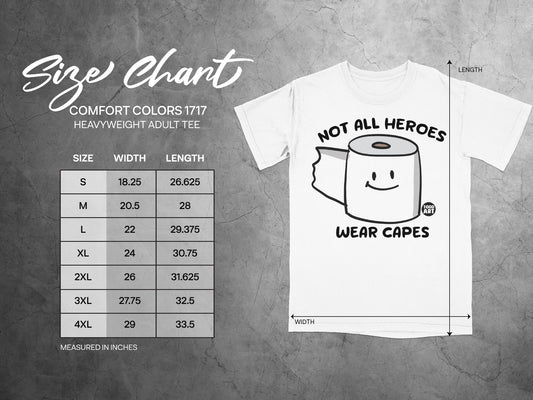 Comfort Colors 1717 heavyweight t-shirt size chart with dimensions in inches.