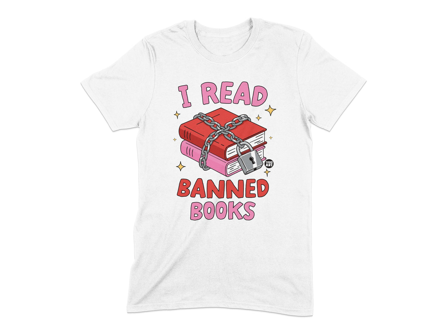 White t-shirt with "I READ BANNED BOOKS" text and chained books graphic.