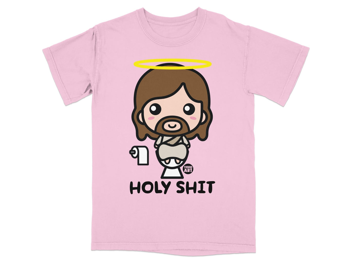 Pink t-shirt with a cartoon Jesus holding toilet paper, text "HOLY SHIT".