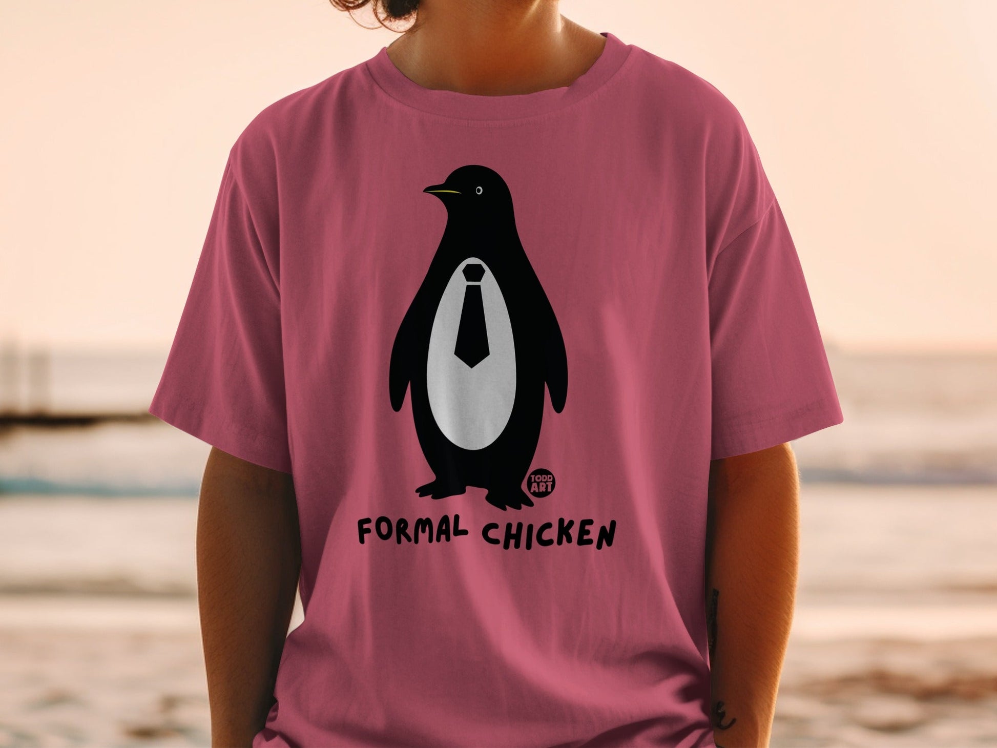 T-shirt with a penguin wearing a tie and the text "FORMAL CHICKEN"
