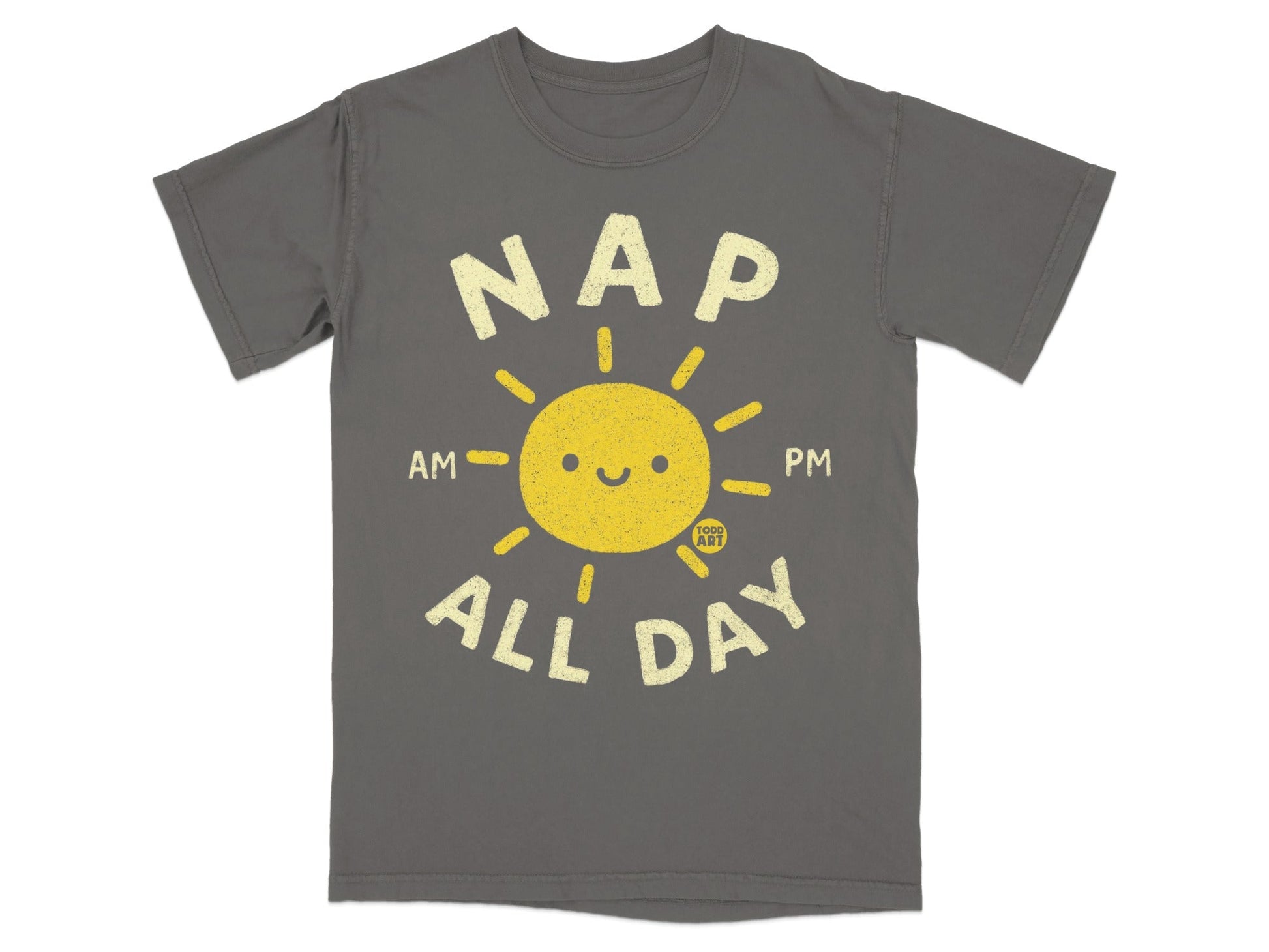 Gray t-shirt with yellow sun graphic and "NAP ALL DAY" text.