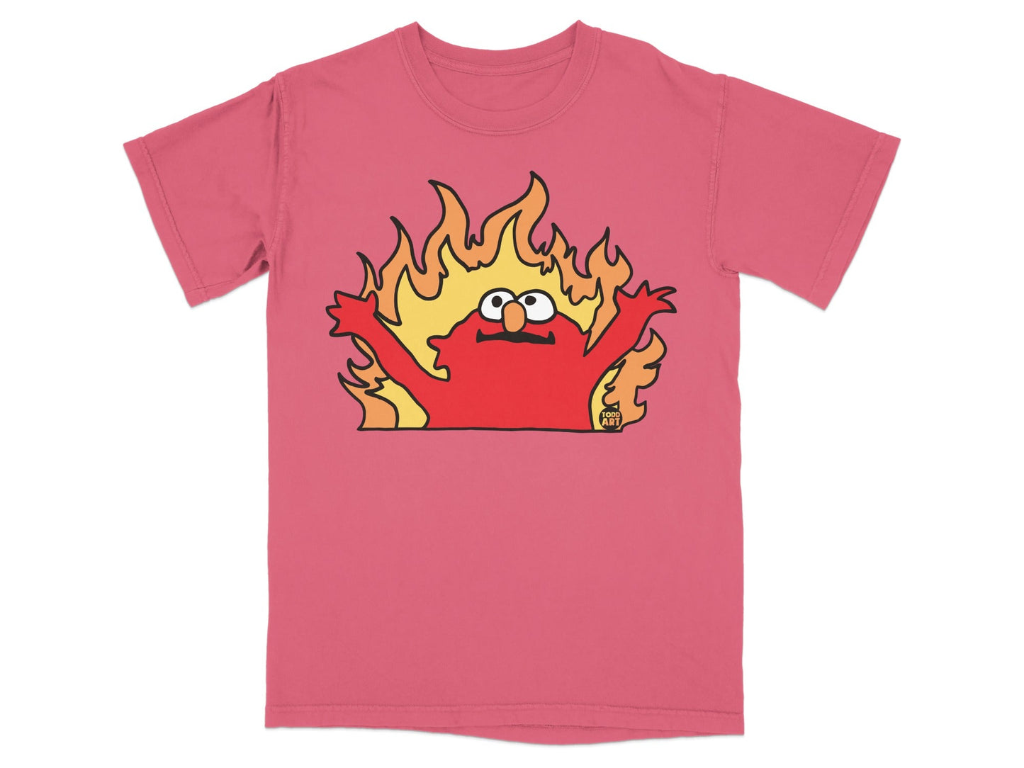 Elmo on a red t-shirt engulfed in cartoon flames.
