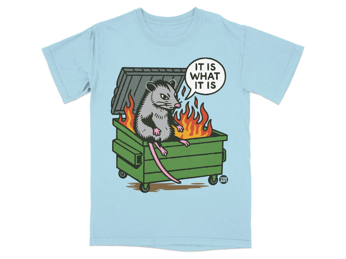 Opossum in a burning dumpster with "IT IS WHAT IT IS" speech bubble.