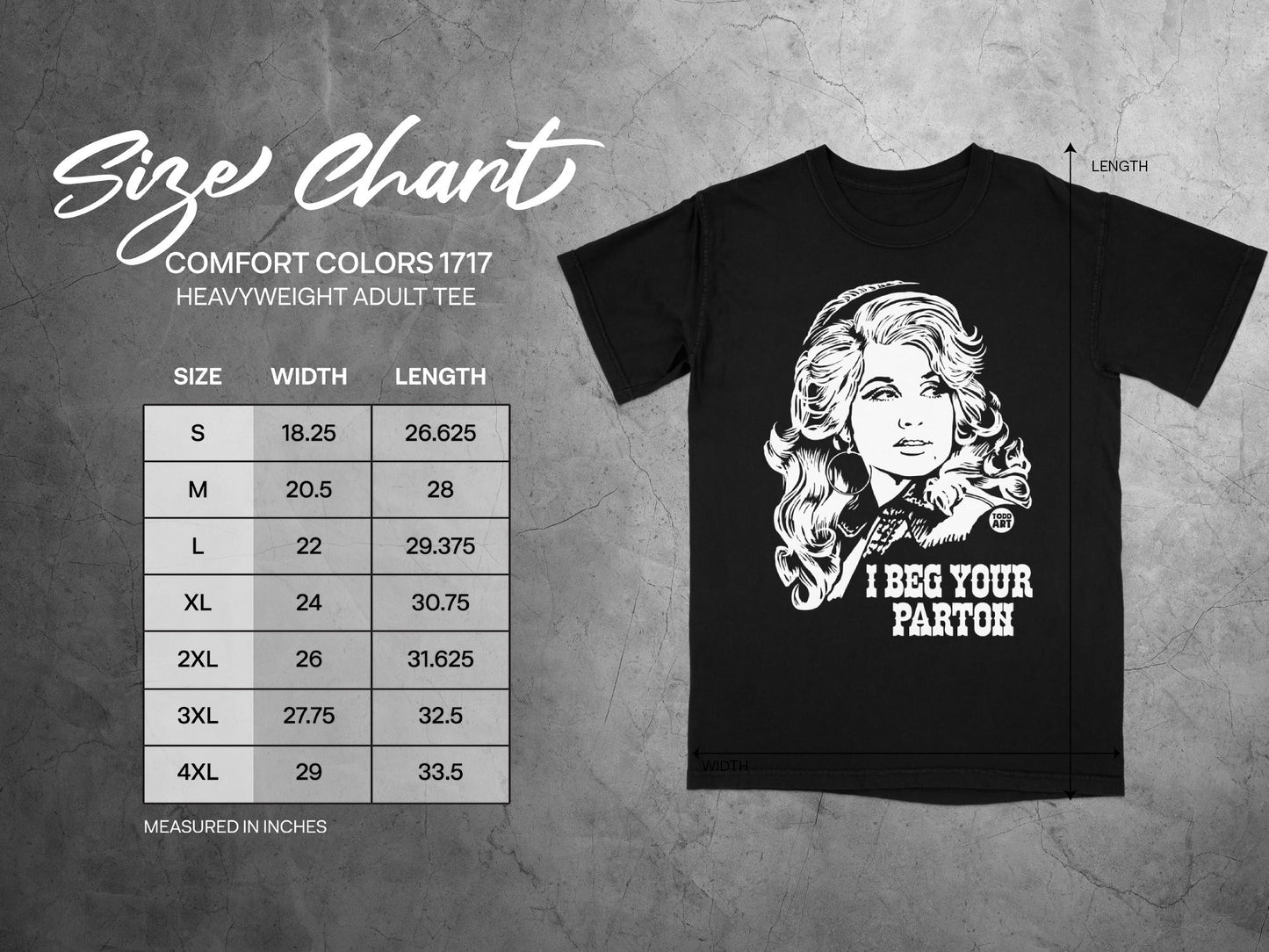 Size chart for Comfort Colors 1717 heavyweight adult tee with Dolly Parton graphic.