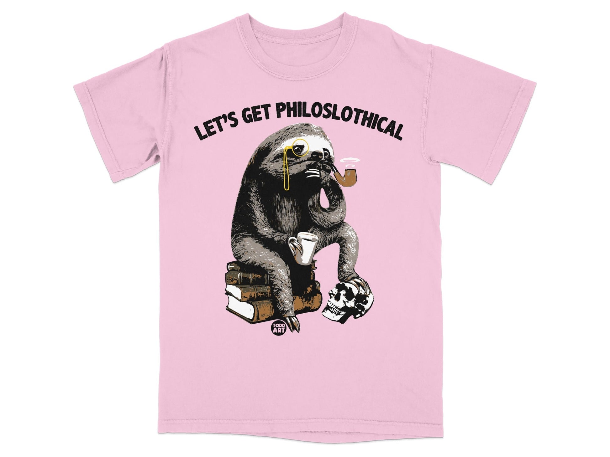 Sloth wearing monocle and smoking pipe sits on books with skull.