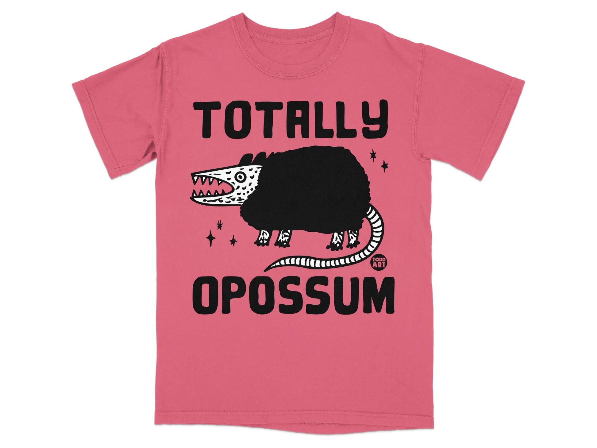 Pink t-shirt with "TOTALLY OPOSSUM" text and a cartoon opossum illustration.